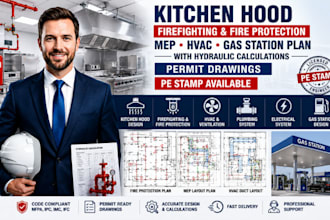 do kitchen hood, fire protection, firefighting, mep, hvac and gas station plans