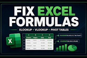 fix excel formulas, xlookup, vlookup and pivot table errors