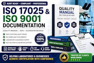 prepare iso 17025, iso 9001, sop, quality manual and accreditation documents