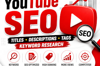 write SEO optimized youtube titles descriptions tags and keywords