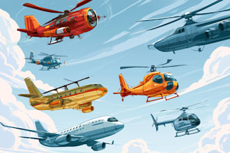 draw aircraft, airplane, helicopter into a vector cartoon