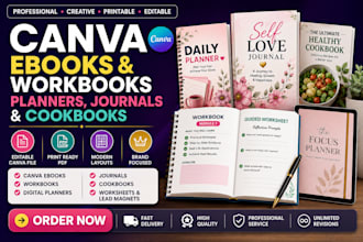 canva ebook design, canva workbook, worksheet, planner, journal, canva cookbook