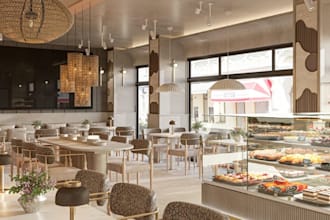 create 3d interior restaurant, coffee shop, night club, café bar, kitchen