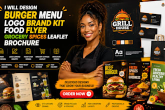 design logo burger menu brand kit food flyer grocery spices leaflet brochure