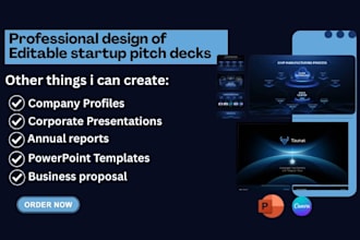 design editable startup pitch deck, research PPT and company profile