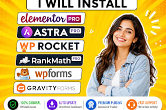install elementor pro, astra pro rank math pro, wp rocket, wpforms gravit
