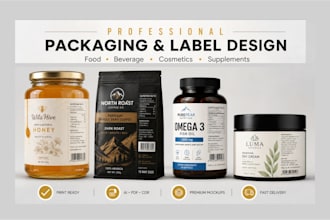 design premium food label, cosmetic product packaging box, supplement pouch