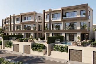 3d modern villa complex, multi family home design, semi detached house rendering