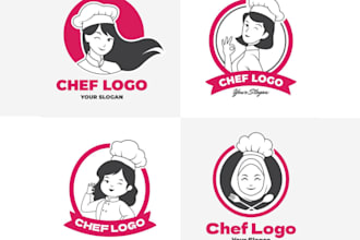 design chef hat, cooking utensils, flames, food icon logo