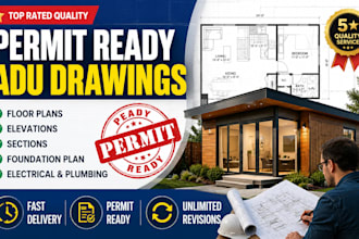 design permit ready adu drawing, floor plan and construction plans
