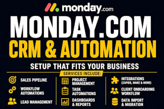 setup monday com CRM, automate workflows, sales pipeline and project management
