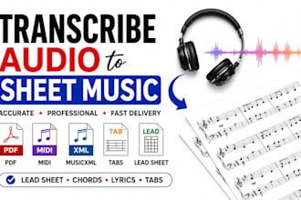 transcribe audio to sheet music midi PDF files tabs lead sheet accurately
