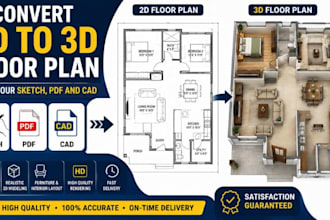 convert 2d to 3d floor plan from your sketch PDF and cad
