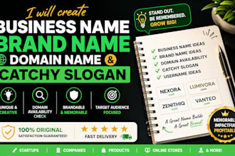 create a business name, brand name, domain name and catchy slogan