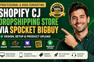 design shopify cj dropshipping store via spocket bigbuy website products upload