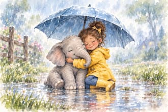 create custom childrens story book illustrations in watercolor or cartoon style