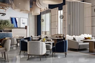 improve 3d dining restaurant interior design, cafe bar, food court, 3d rendering