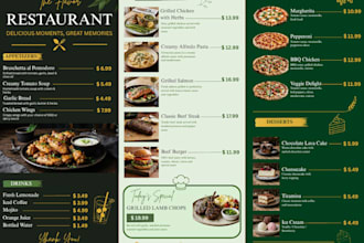 design a modern restaurant menu, cafe menu, or food flyer