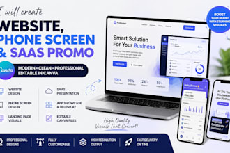create website mockup, phone screen mockup, saas promo in canva