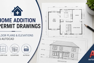 draft home addition permit drawings, floor plans and elevations in autocad