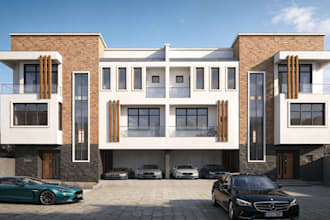 buildup 3d contemporary townhouse, brick facade, apartment visuals, urban living