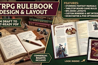 design ttrpg rulebook, rpg book layout, fantasy manual, tabletop board game