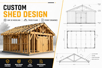 design custom timber frame shed, bim 3d models, truss plans and permit drawings