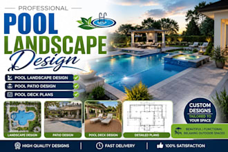 create pool landscape design, pool patio design, and pool deck plans