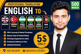 translate english to turkish uzbek latin cyrillic arabic and dari