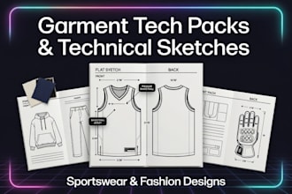 create garment tech pack technical sketches and apparel design for sportwears