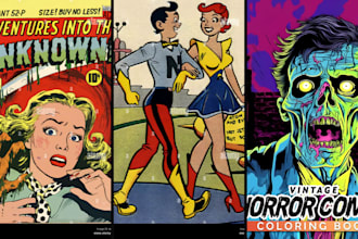 draw retro vintage comic book, pop art horror comics book retro comic character