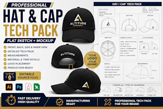 create hat and cap tech pack with flat sketch design