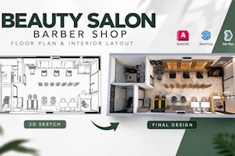 design beauty salon, barber shop floor plan and cad interior layout plan