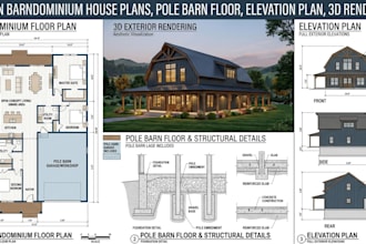 design barndominium house plans, pole barn floor, elevation plan, 3d rendering