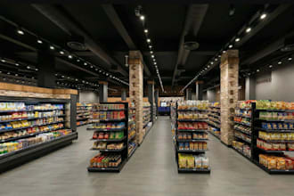 render3d convenience shop interior,grocery store,snack shelve,retail shop design
