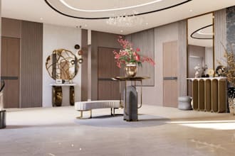 optimize luxury lobby design, house corridor, render interior furniture layout