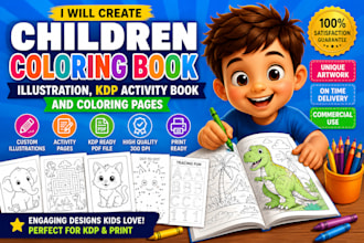 create children coloring book illustration,  KDP activity book and coloring page