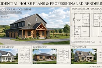 create farmhouse, ranch house, cottage plans and realistic 3d rendering