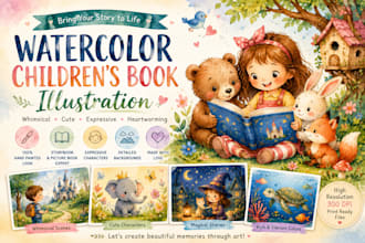 draw cute whimsical kids, water colour picture, children book illustration