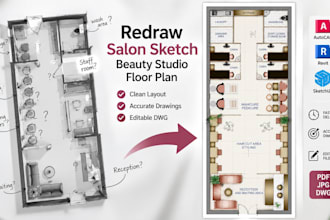 redraw salon sketch, beauty studio floor plan, cad layout dwg