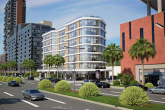 outstanding office building 3d exterior rendering, commercial complex, facade