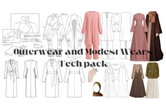 create outwear and modest wears tech pack for islamic wears, abayas and apparel