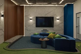 3d indoor mini golf, green putt,9to18 holes layout, game room render, cgi lounge
