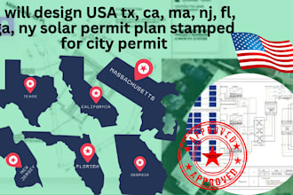 design USA tx, ca, ma, nj, fl, ga solar permit plan stamped for city permit