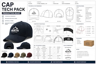 design cap and hat tech pack for production ready manufacturing and brands