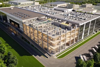 modern 3d warehouse,parking garage, manufacturing plant, factory exterior render