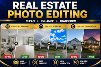 remove furniture, declutter, replace sky and enhance real estate photos