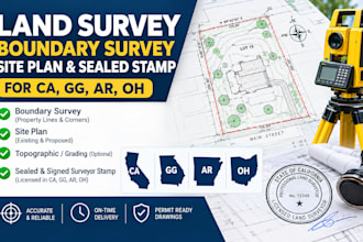 do land survey boundary survey, site plan and sealed stamp for ca, gg, ar, oh