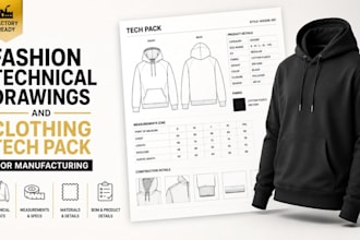 design fashion technical drawings and clothing tech pack for manufacturing