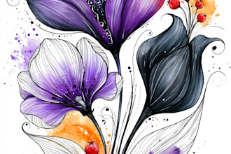 draw botanical illustrations of flowers, plants, line art
